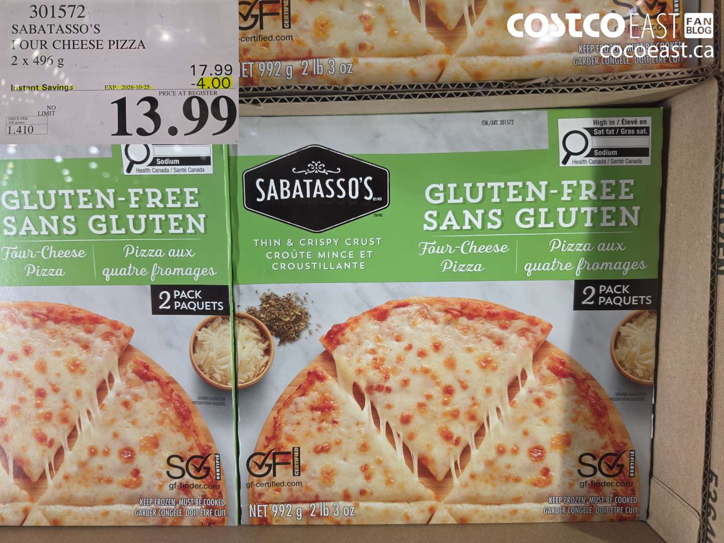 301572 SABATASSO'S FOUR CHEESE PIZZA 2 X 496 G ($4.00 INSTANT SAVINGS EXPIRES ON 2026-10-25) $13.99