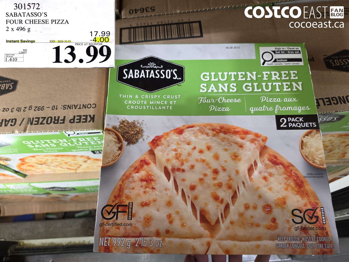 301572 SABATASSO'S FOUR CHEESE PIZZA 2 X 496 G ($4.00 INSTANT SAVINGS EXPIRES ON 2026-10-25) $13.99