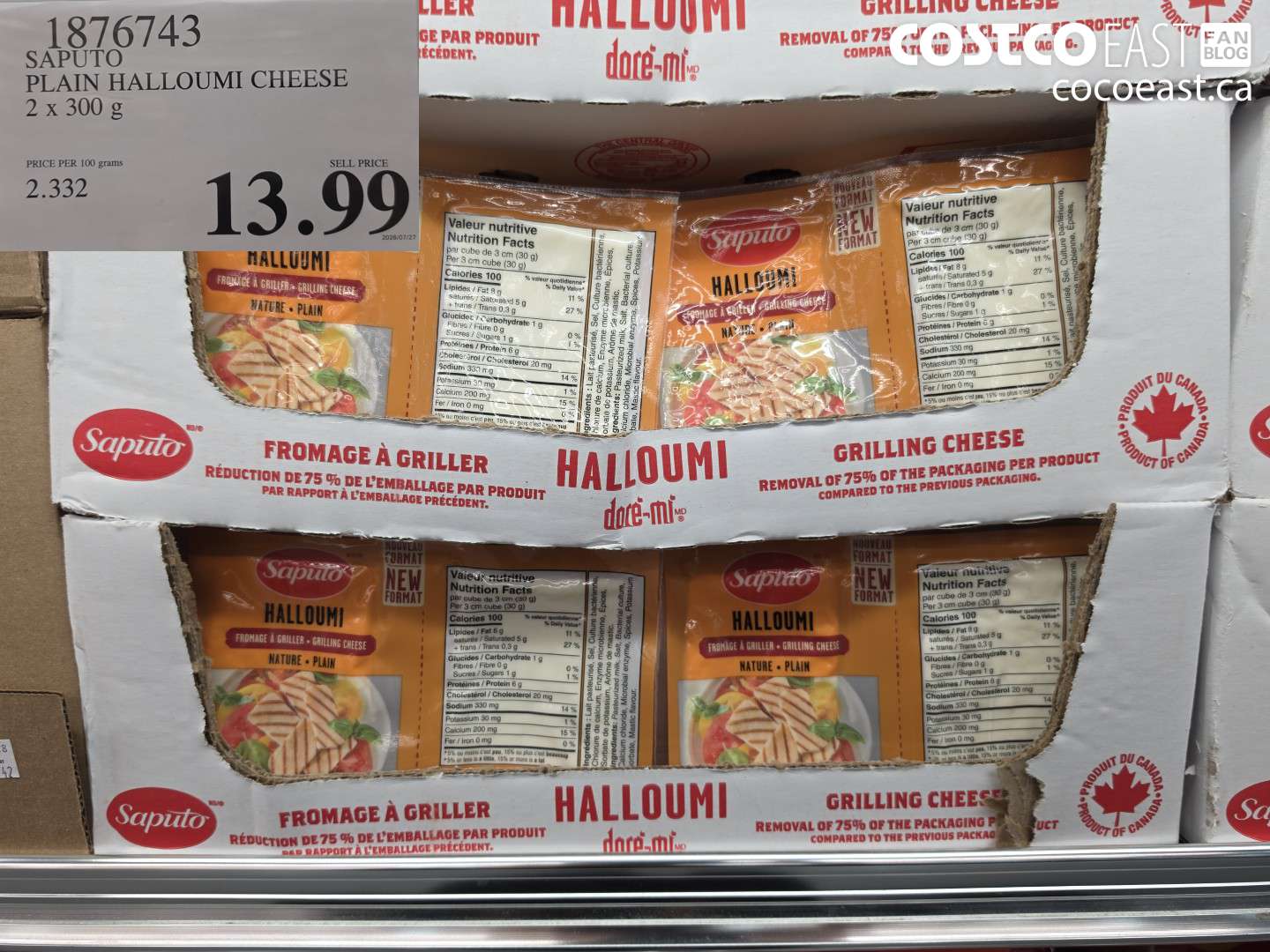 1876743 SAPUTO PLAIN HALLOUMI CHEESE 2 X 300 G $13.99