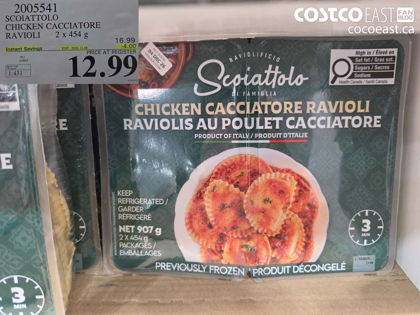 2005541 SCOIATTOLO CHICKEN CACCIATORE RAVIOLI 2 X 454 G ($4.00 INSTANT SAVINGS EXPIRES ON 2026-11-08) $12.99