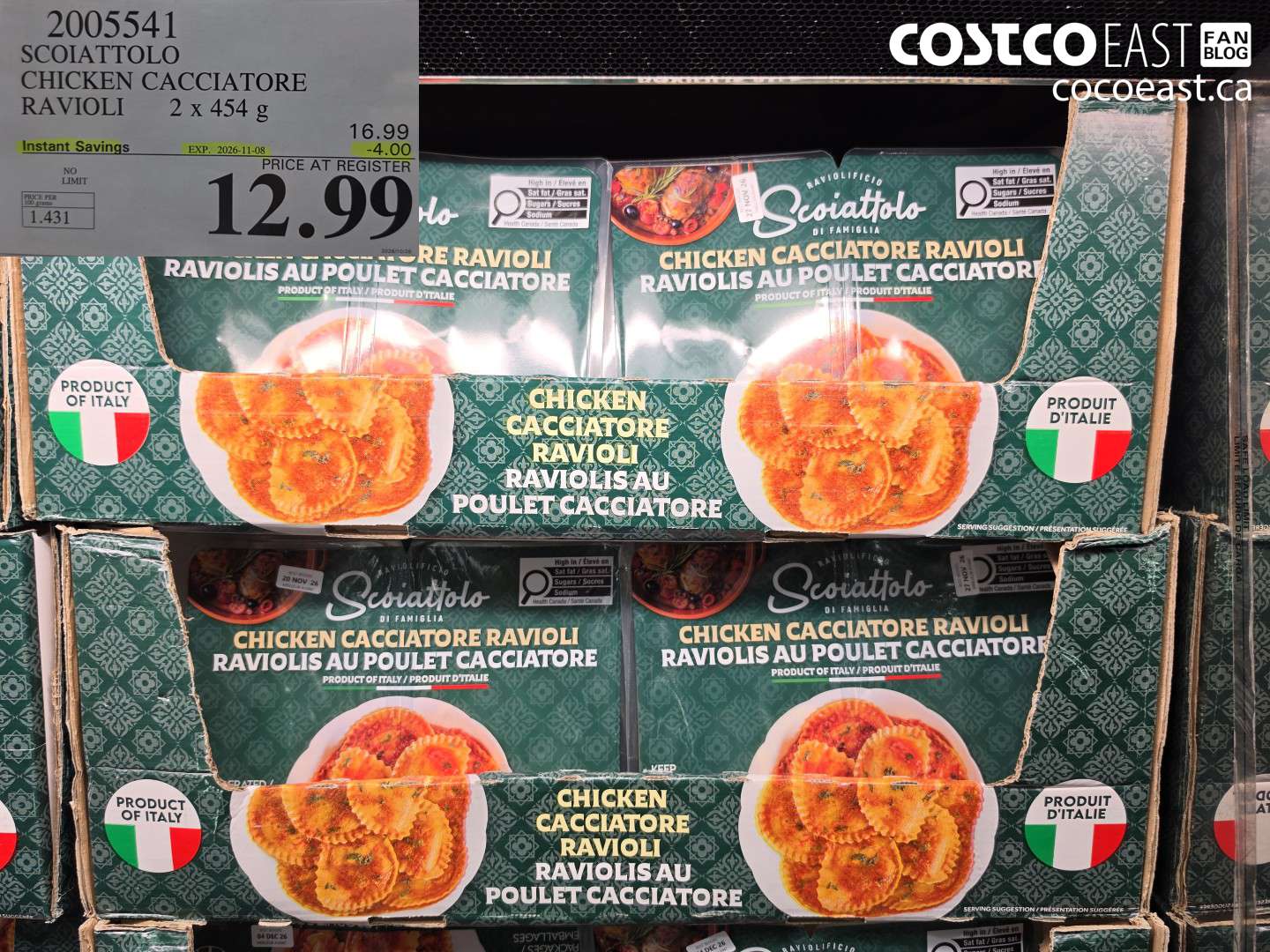 2005541 SCOIATTOLO CHICKEN CACCIATORE RAVIOLI 2 X 454 G ($4.00 INSTANT SAVINGS EXPIRES ON 2026-11-08) $12.99