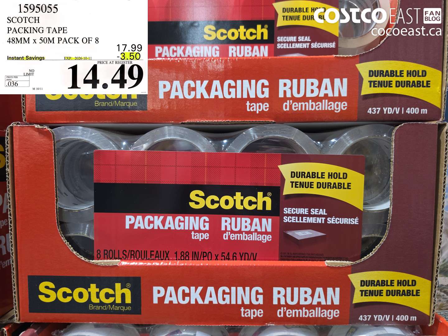 1595055 SCOTCH PACKING TAPE 48MM X 50M PACK OF 8 ($3.50 INSTANT SAVINGS EXPIRES ON 2026-10-11) $14.49