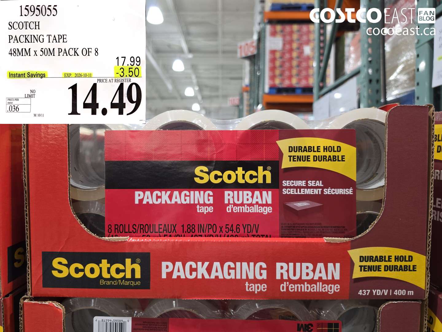 1595055 SCOTCH PACKING TAPE 48MM X 50M PACK OF 8 ($3.50 INSTANT SAVINGS EXPIRES ON 2026-10-11) $14.49