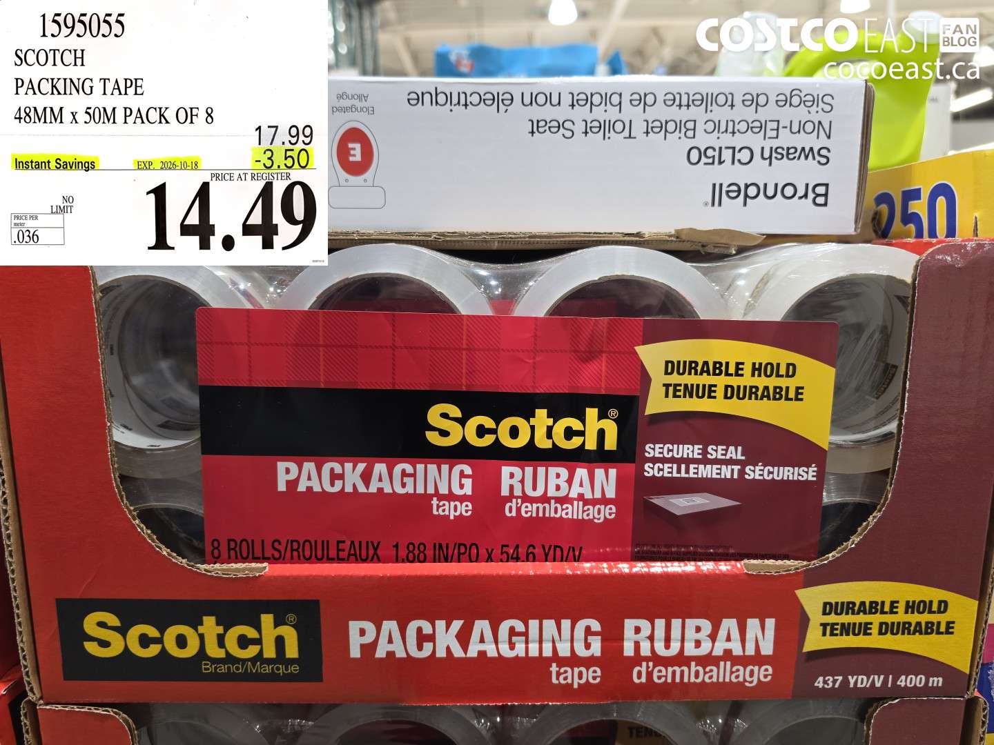 1595055 SCOTCH PACKING TAPE 48MM X 50M PACK OF 8 ($3.50 INSTANT SAVINGS EXPIRES ON 2026-10-18) $14.49