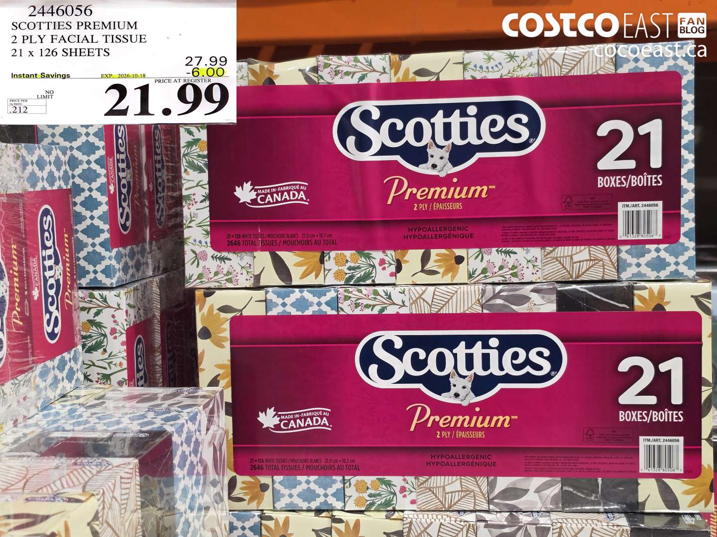 2446056 SCOTTIES PREMIUM 2 PLY FACIAL TISSUE 21 X 126 SHEETS ($6.00 INSTANT SAVINGS EXPIRES ON 2026-10-18) $21.99