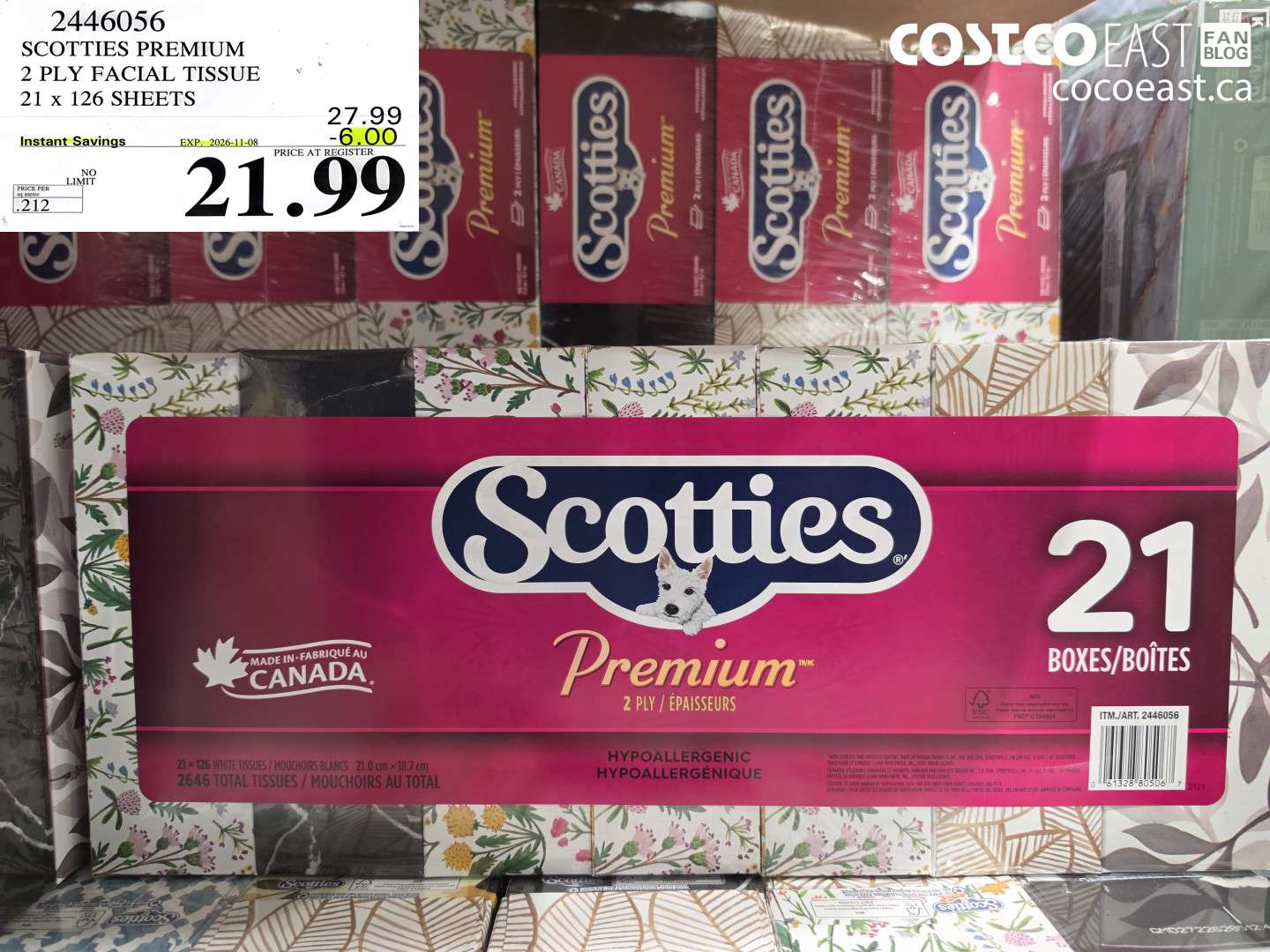 2446056 SCOTTIES PREMIUM 2 PLY FACIAL TISSUE 21 X 126 SHEETS ($6.00 INSTANT SAVINGS EXPIRES ON 2026-11-08) $21.99