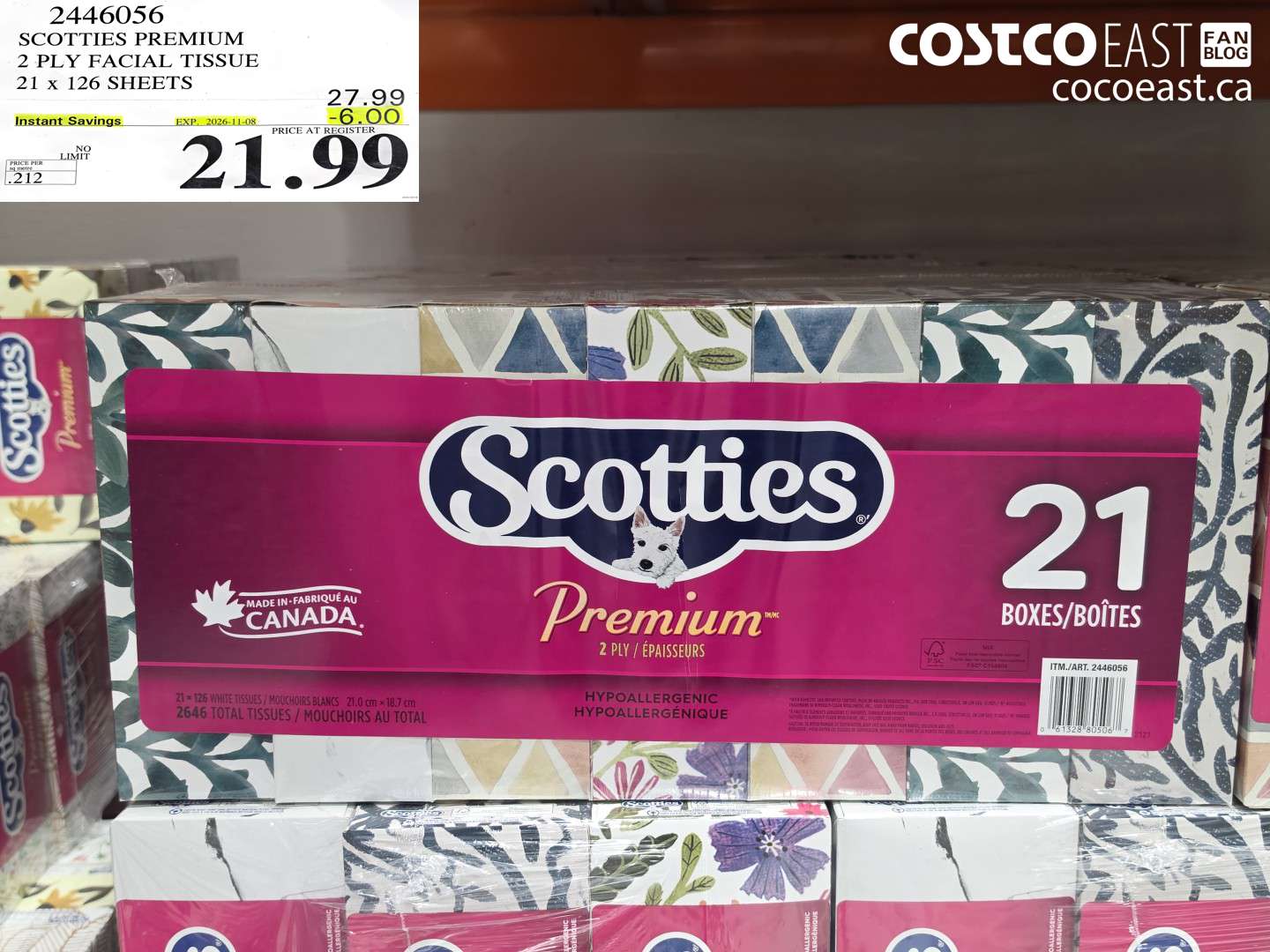 2446056 SCOTTIES PREMIUM 2 PLY FACIAL TISSUE 21 X 126 SHEETS ($6.00 INSTANT SAVINGS EXPIRES ON 2026-11-08) $21.99