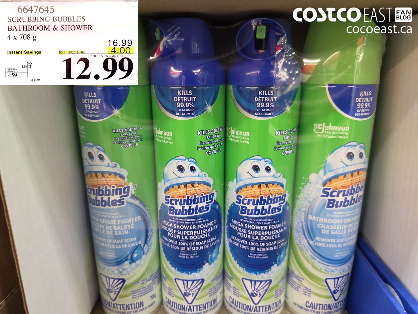 6647645 SCRUBBING BUBBLES BATHROOM & SHOWER 4 X 708 G ($4.00 INSTANT SAVINGS EXPIRES ON 2026-11-08) $12.99
