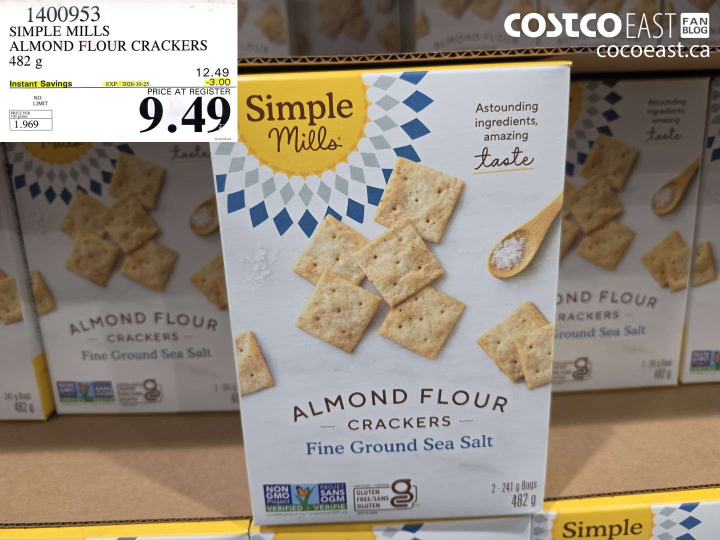 1400953 SIMPLE MILLS ALMOND FLOUR CRACKERS 482 G ($3.00 INSTANT SAVINGS EXPIRES ON 2026-10-25) $9.49