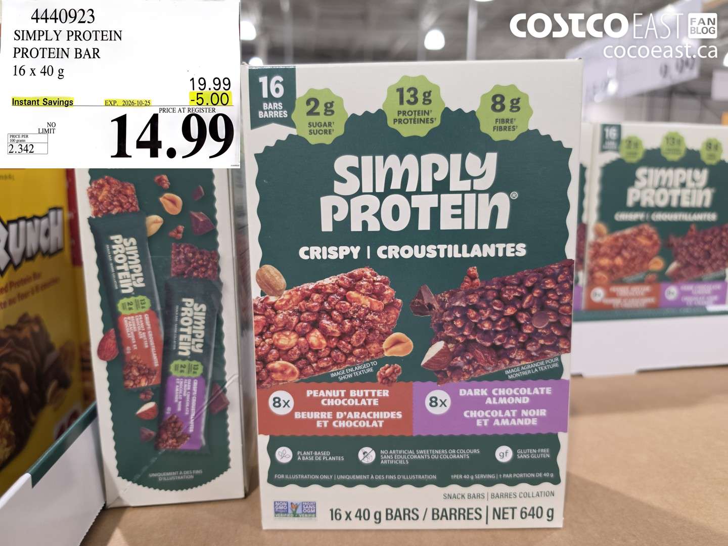 4440923 SIMPLY PROTEIN PROTEIN BAR 16 X 40 G ($5.00 INSTANT SAVINGS EXPIRES ON 2026-10-25) $14.99