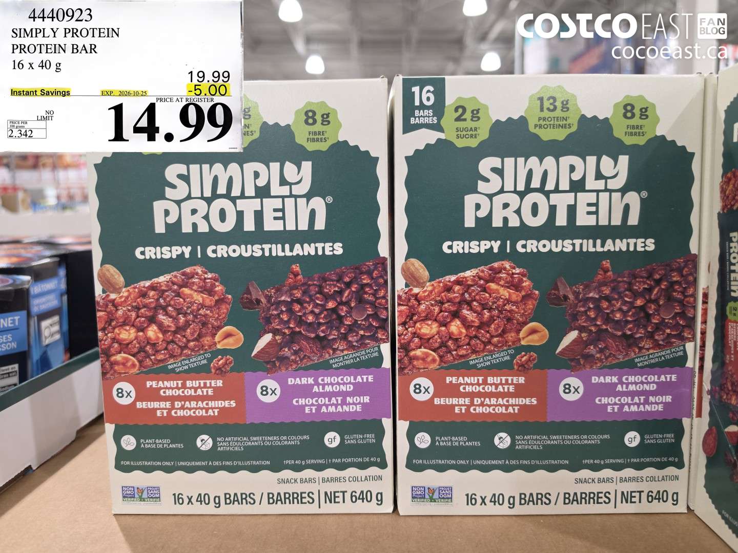 4440923 SIMPLY PROTEIN PROTEIN BAR 16 X 40 G ($5.00 INSTANT SAVINGS EXPIRES ON 2026-10-25) $14.99