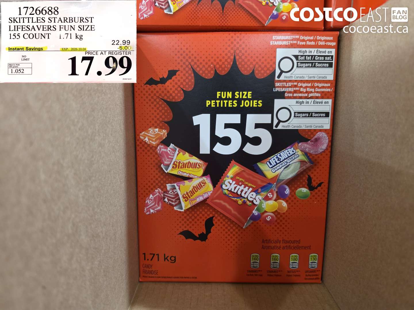 1726688 SKITTLES STARBURST LIFESAVERS FUN SIZE 155 COUNT 1.71 KG ($5.00 INSTANT SAVINGS EXPIRES ON 2026-10-04) $17.99