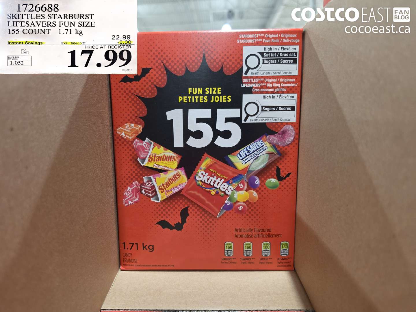 1726688 SKITTLES STARBURST LIFESAVERS FUN SIZE 155 COUNT 1.71 KG ($5.00 INSTANT SAVINGS EXPIRES ON 2026-10-22) $17.99