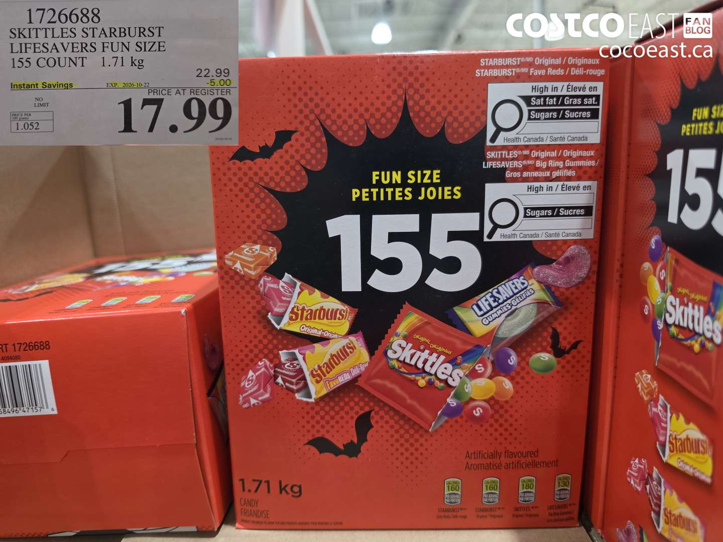 1726688 SKITTLES STARBURST LIFESAVERS FUN SIZE 155 COUNT 1.71 KG ($5.00 INSTANT SAVINGS EXPIRES ON 2026-10-22) $17.99