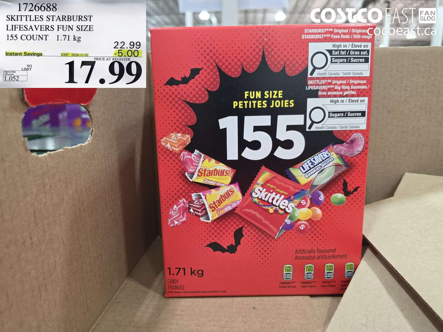 1726688 SKITTLES STARBURST LIFESAVERS FUN SIZE 155 COUNT 1.71 KG ($5.00 INSTANT SAVINGS EXPIRES ON 2026-11-01) $17.99