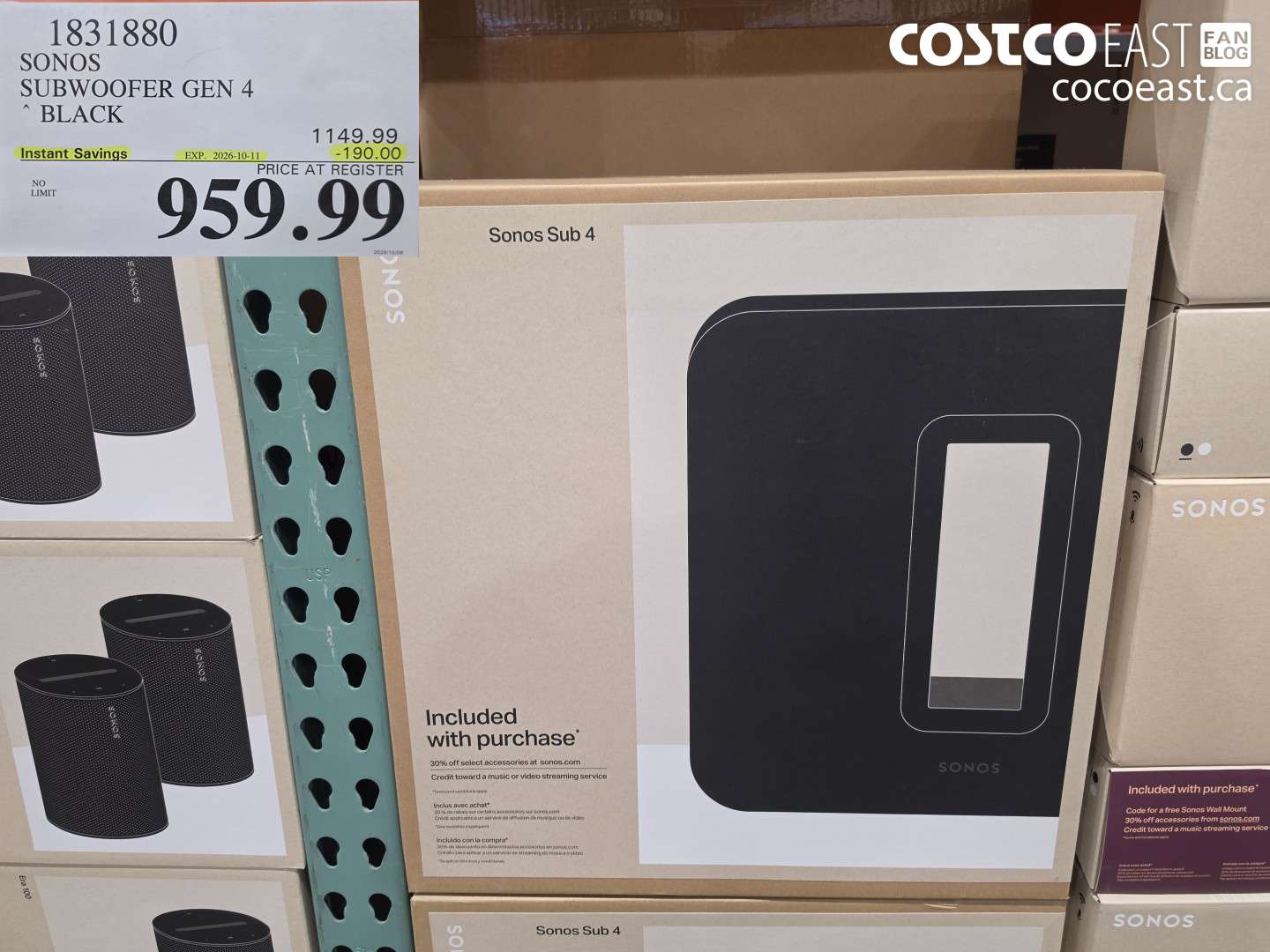 1831880 SONOS SUBWOOFER GEN 4 BLACK ($190.00 INSTANT SAVINGS EXPIRES ON 2026-10-11) $959.99