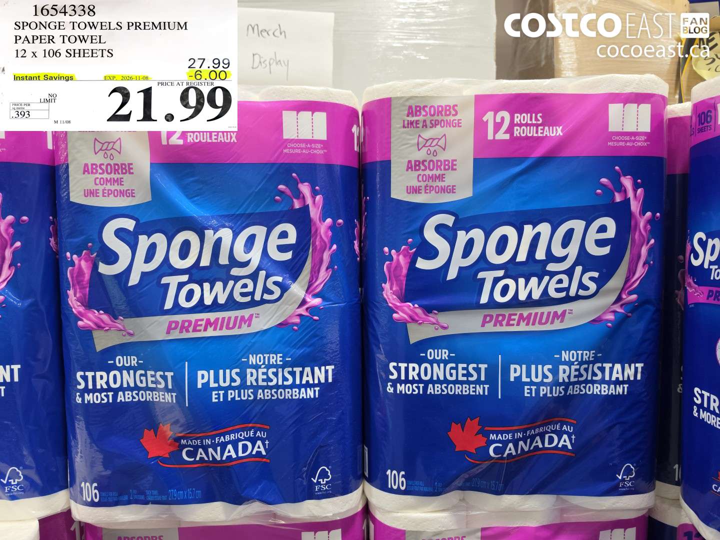 1654338 SPONGE TOWELS PREMIUM PAPER TOWEL 12 X 106 SHEETS ($6.00 INSTANT SAVINGS EXPIRES ON 2026-11-08) $21.99
