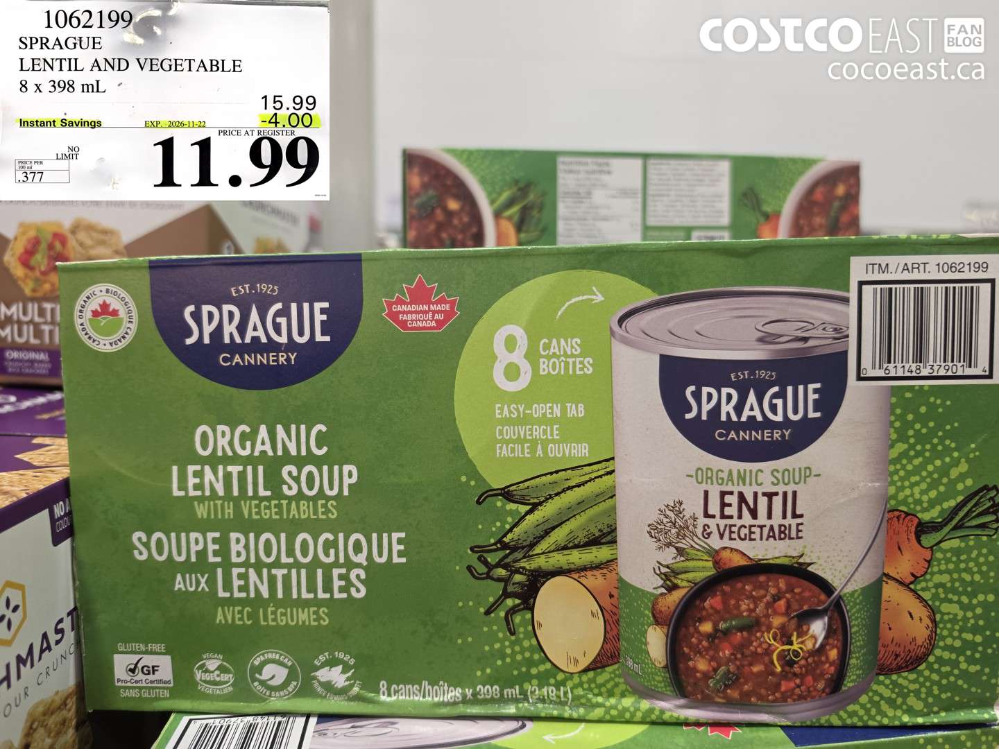 1062199 SPRAGUE LENTIL AND VEGETABLE 8 X 398 ML ($4.00 INSTANT SAVINGS EXPIRES ON 2026-11-22) $11.99