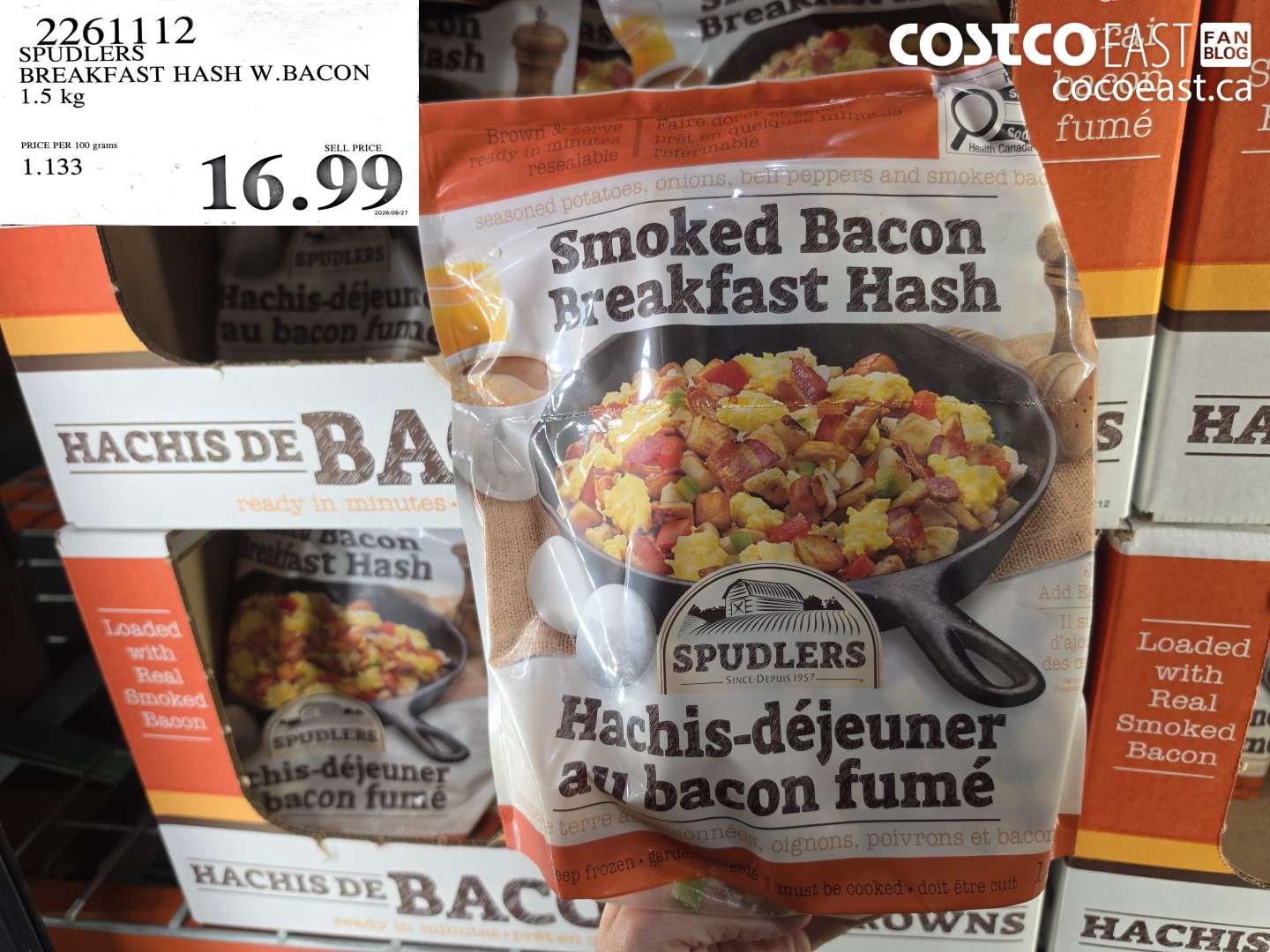 2261112 SPUDLERS BREAKFAST HASH W.BACON 1.5 KG $16.99