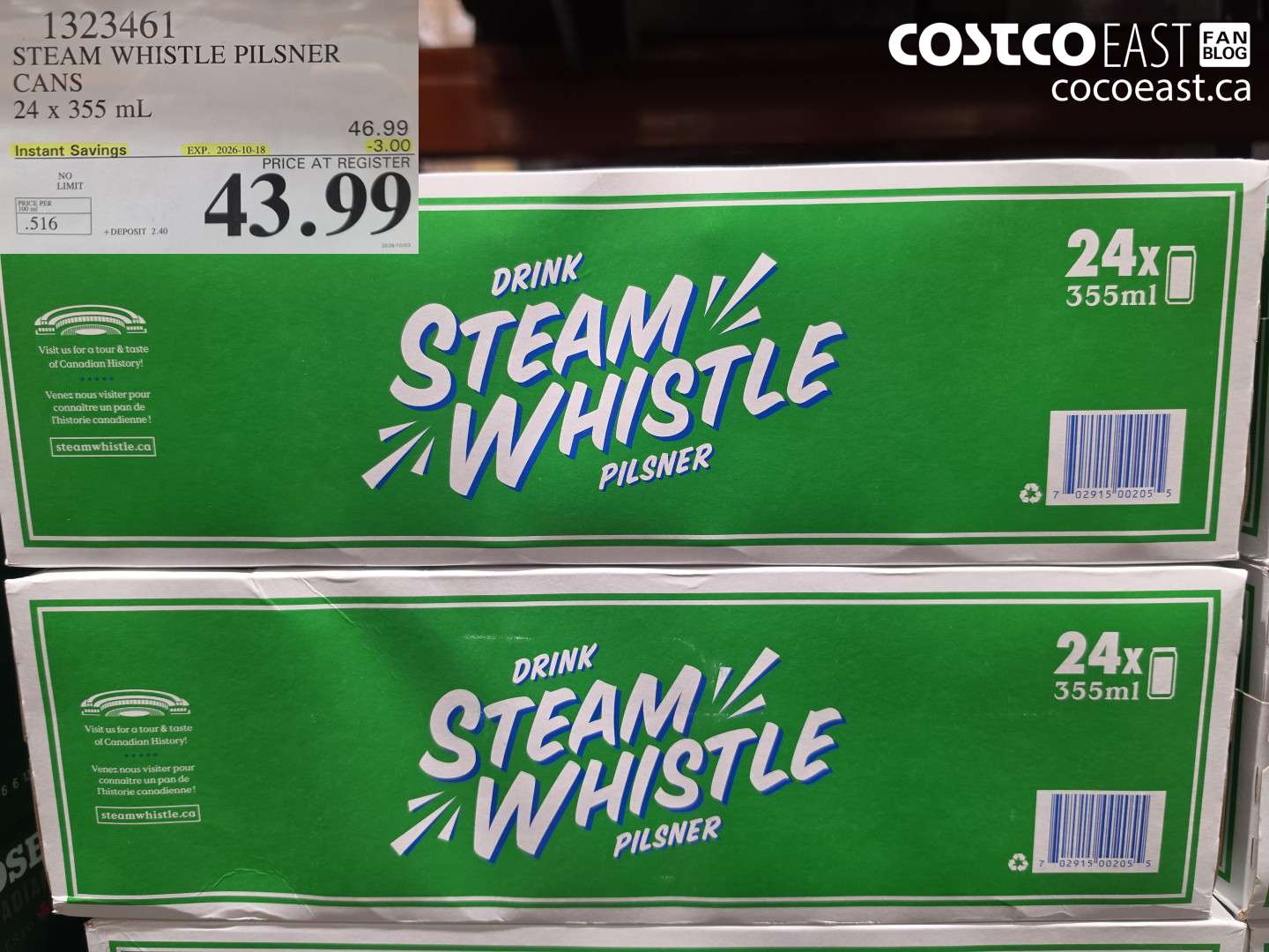 1323461 STEAM WHISTLE PILSNER CANS 24 X 355 ML ($3.00 INSTANT SAVINGS EXPIRES ON 2026-10-18) $43.99