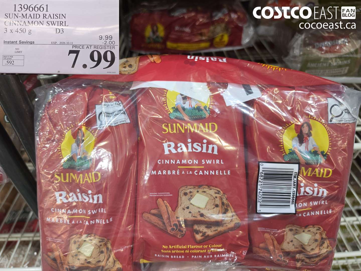 1396661 SUN-MAID RAISIN CINNAMON SWIRL 3 X 450 G ($2.00 INSTANT SAVINGS EXPIRES ON 2026-10-11) $7.99