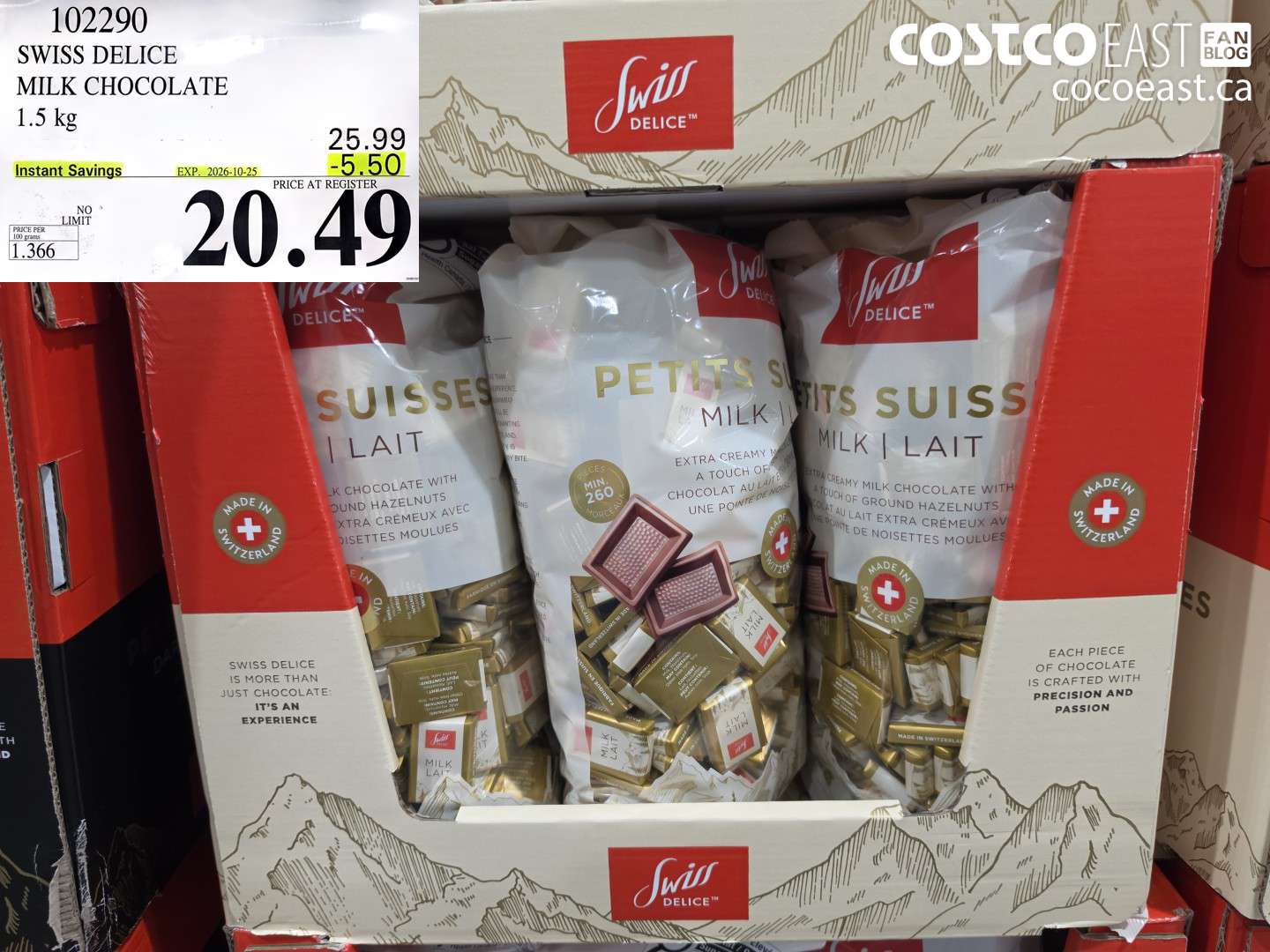102290 SWISS DELICE MILK CHOCOLATE 1.5 KG ($5.50 INSTANT SAVINGS EXPIRES ON 2026-10-25) $20.49