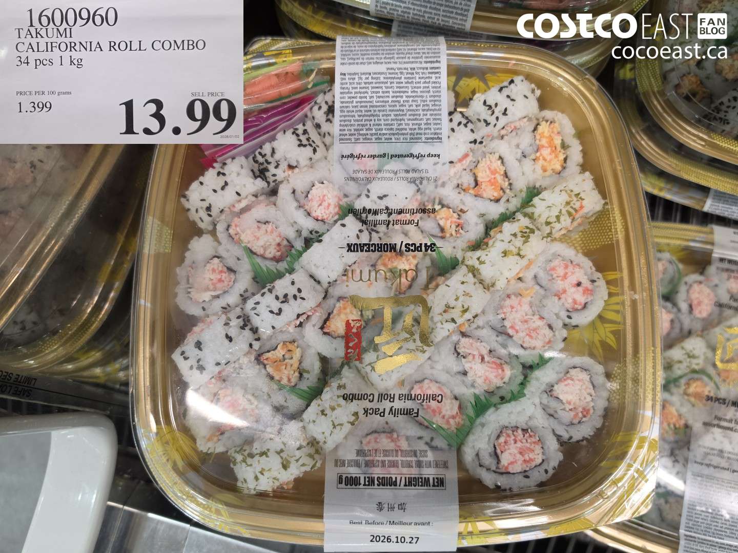 1600960 TAKUMI CALIFORNIA ROLL COMBO 34 PCS 1 KG $13.99