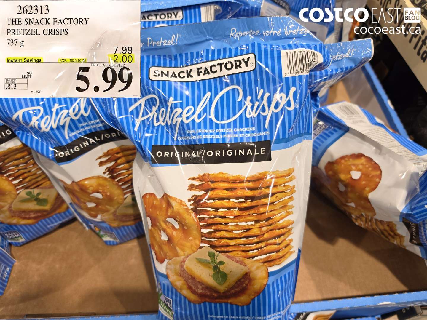 262313 THE SNACK FACTORY PRETZEL CRISPS 737 G ($2.00 INSTANT SAVINGS EXPIRES ON 2026-10-25) $5.99