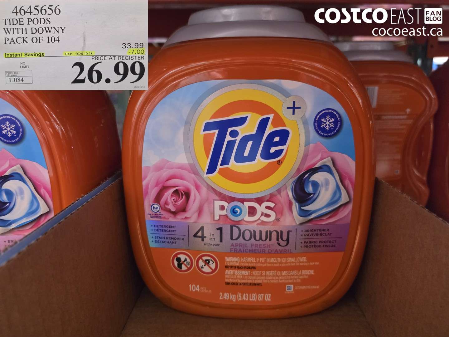 4645656 TIDE PODS WITH DOWNY PACK OF 104 ($7.00 INSTANT SAVINGS EXPIRES ON 2026-10-18) $26.99