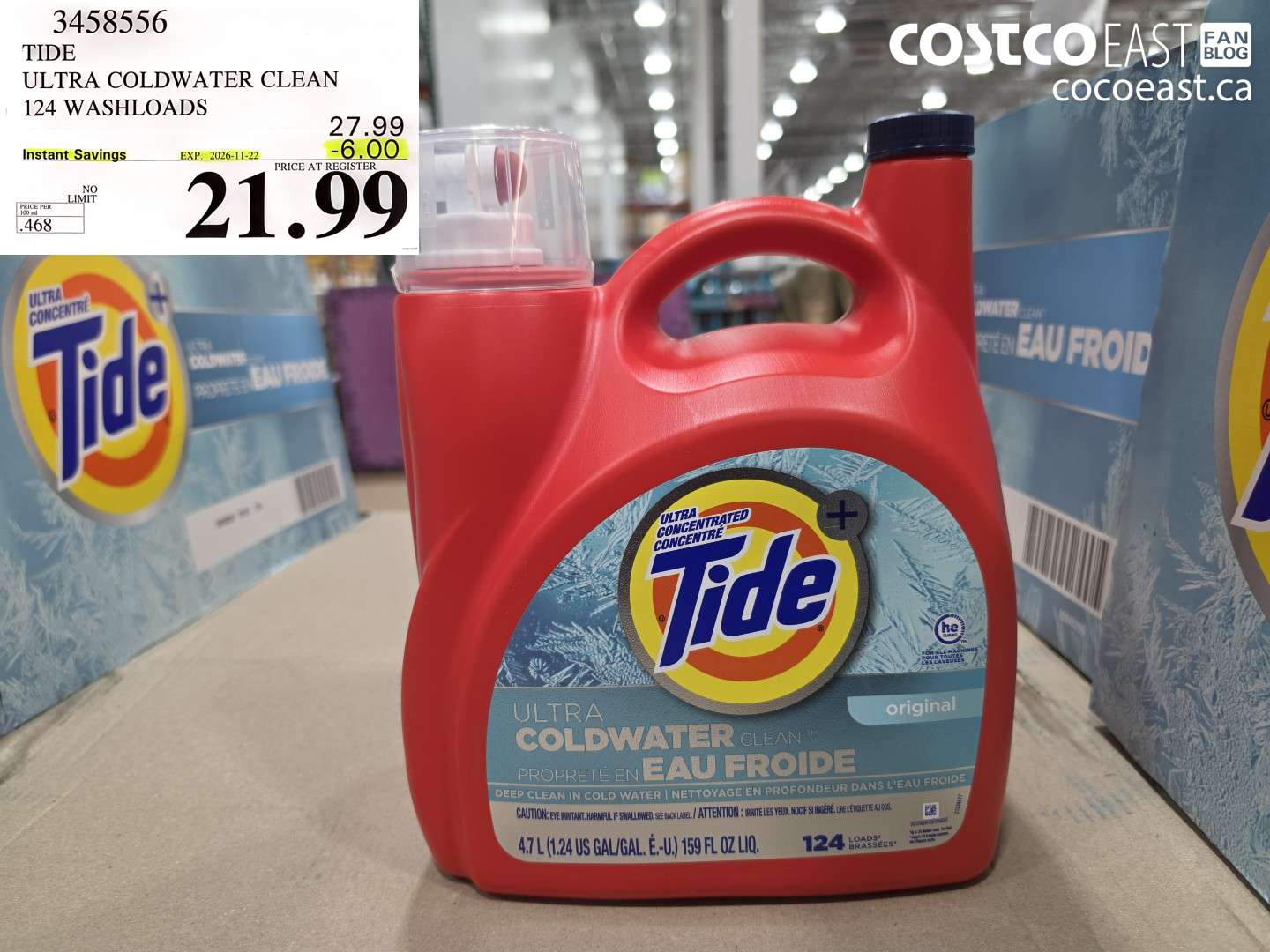 3458556 TIDE ULTRA COLDWATER CLEAN 124 WASHLOADS ($6.00 INSTANT SAVINGS EXPIRES ON 2026-11-22) $21.99