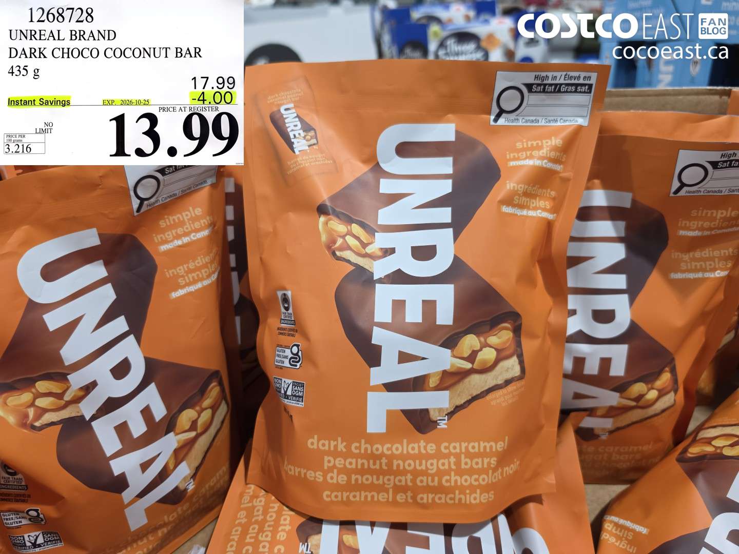 1268728 UNREAL BRAND DARK CHOCO COCONUT BAR 435 G ($4.00 INSTANT SAVINGS EXPIRES ON 2026-10-25) $13.99
