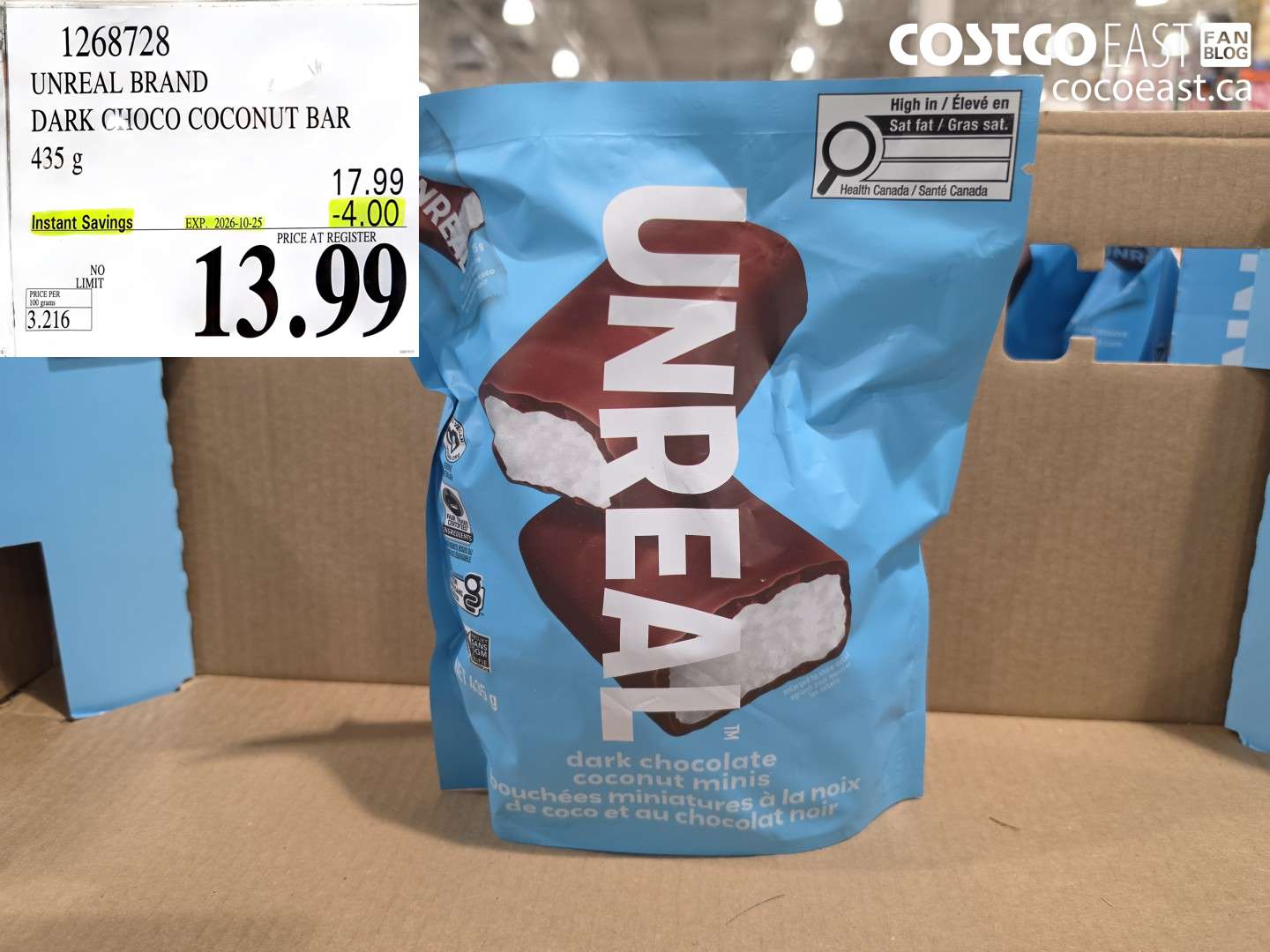 1268728 UNREAL BRAND DARK CHOCO COCONUT BAR 435 G ($4.00 INSTANT SAVINGS EXPIRES ON 2026-10-25) $13.99