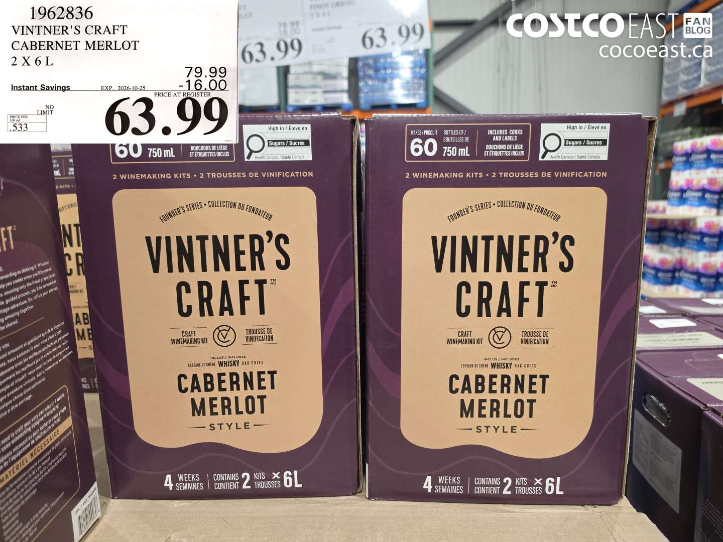 1962836 VINTNER'S CRAFT CABERNET MERLOT 2 X 6 L ($16.00 INSTANT SAVINGS EXPIRES ON 2026-10-25) $63.99