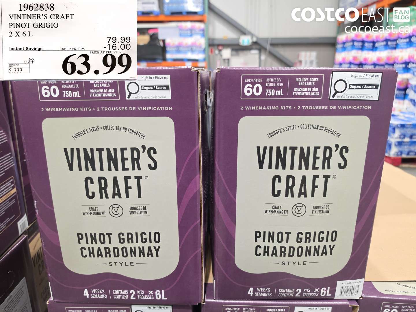 1962838 VINTNER'S CRAFT PINOT GRIGIO 2 X 6 L ($16.00 INSTANT SAVINGS EXPIRES ON 2026-10-25) $63.99