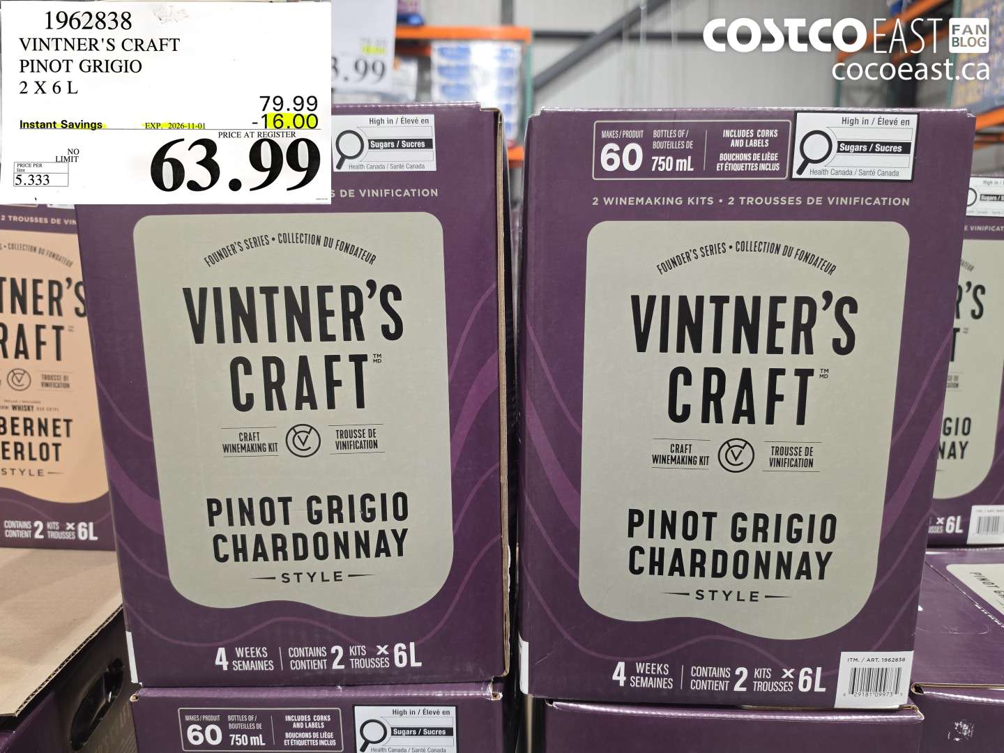 1962838 VINTNER'S CRAFT PINOT GRIGIO 2 X 6 L ($16.00 INSTANT SAVINGS EXPIRES ON 2026-11-01) $63.99