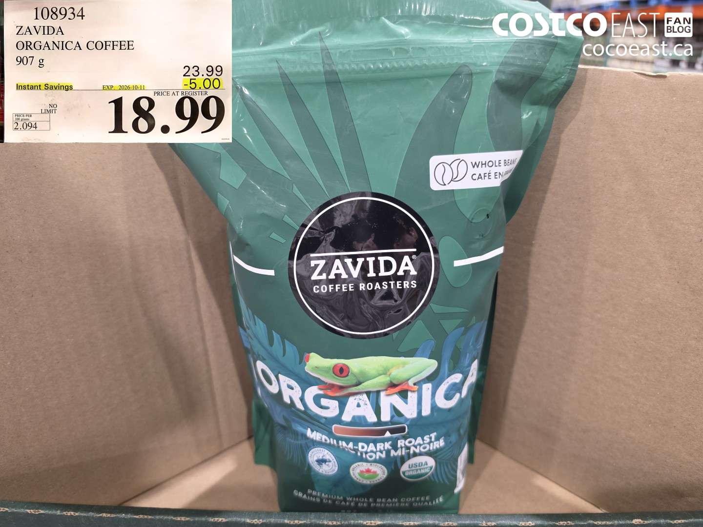 108934 ZAVIDA ORGANICA COFFEE 907 G ($5.00 INSTANT SAVINGS EXPIRES ON 2026-10-11) $18.99