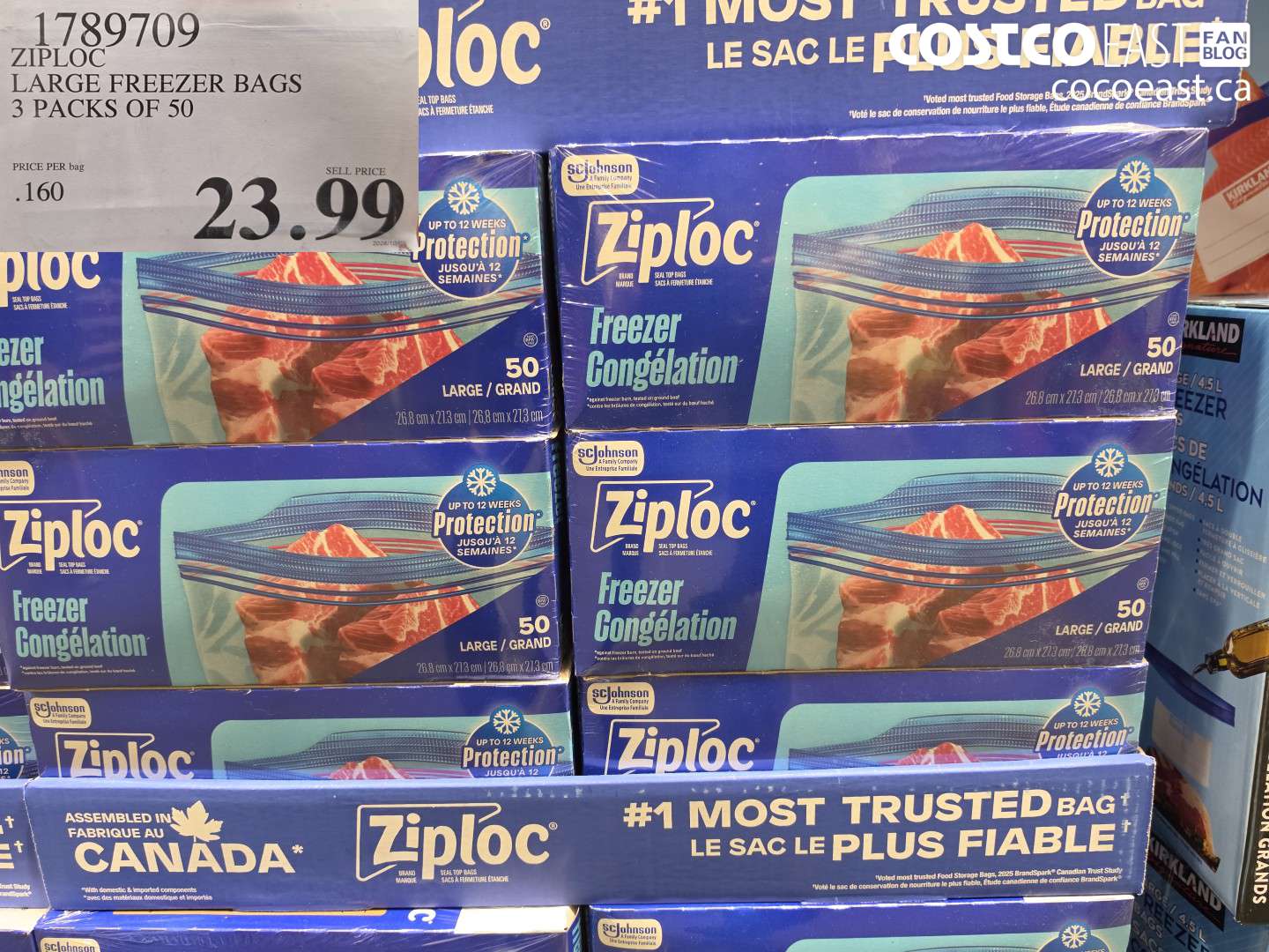 1789709 ZIPLOC LARGE FREEZER BAGS 3 PACKS OF 50 $23.99