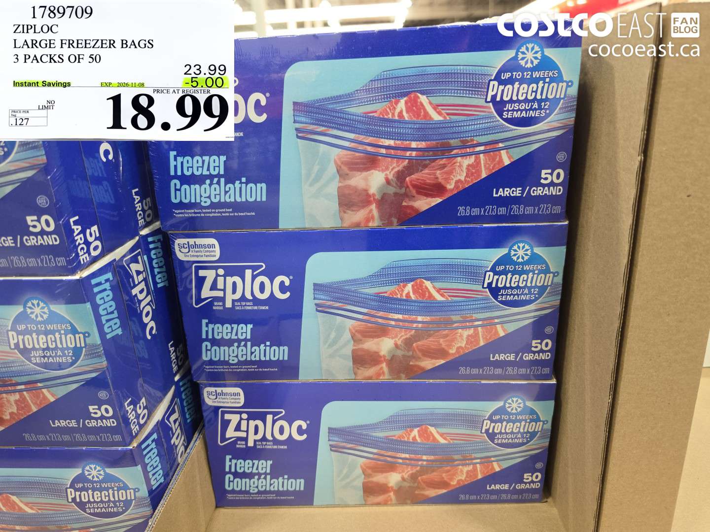1789709 ZIPLOC LARGE FREEZER BAGS 3 PACKS OF 50 ($5.00 INSTANT SAVINGS EXPIRES ON 2026-11-08) $18.99