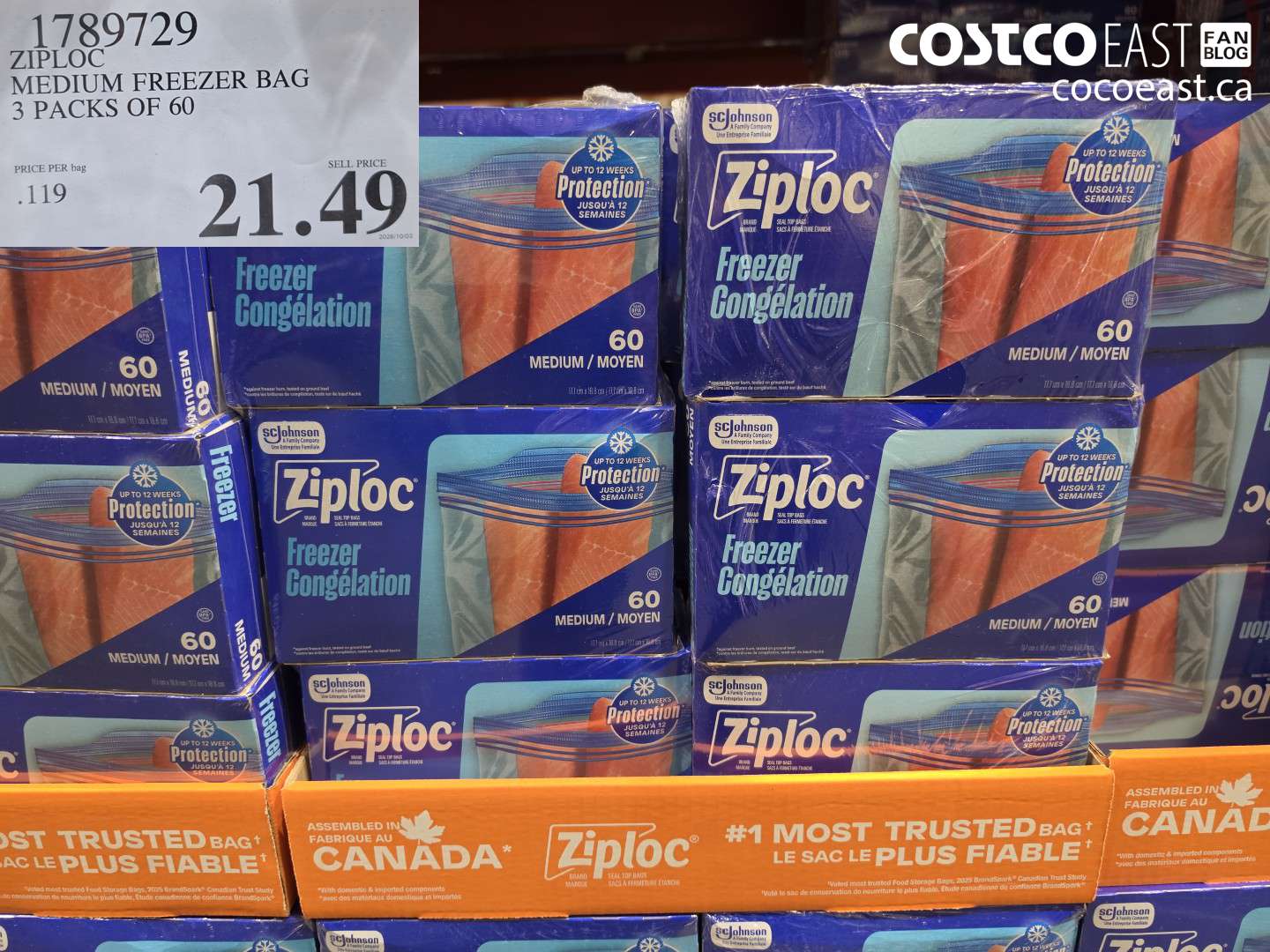 1789729 ZIPLOC MEDIUM FREEZER BAG 3 PACKS OF 60 $21.49