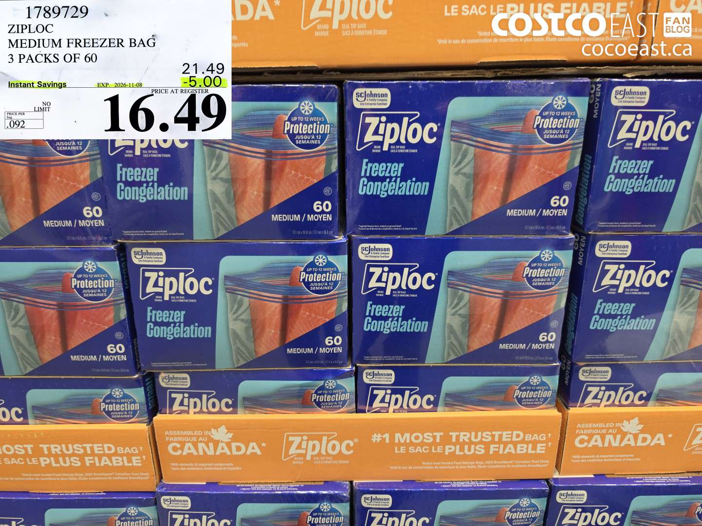 1789729 ZIPLOC MEDIUM FREEZER BAG 3 PACKS OF 60 ($5.00 INSTANT SAVINGS EXPIRES ON 2026-11-08) $16.49