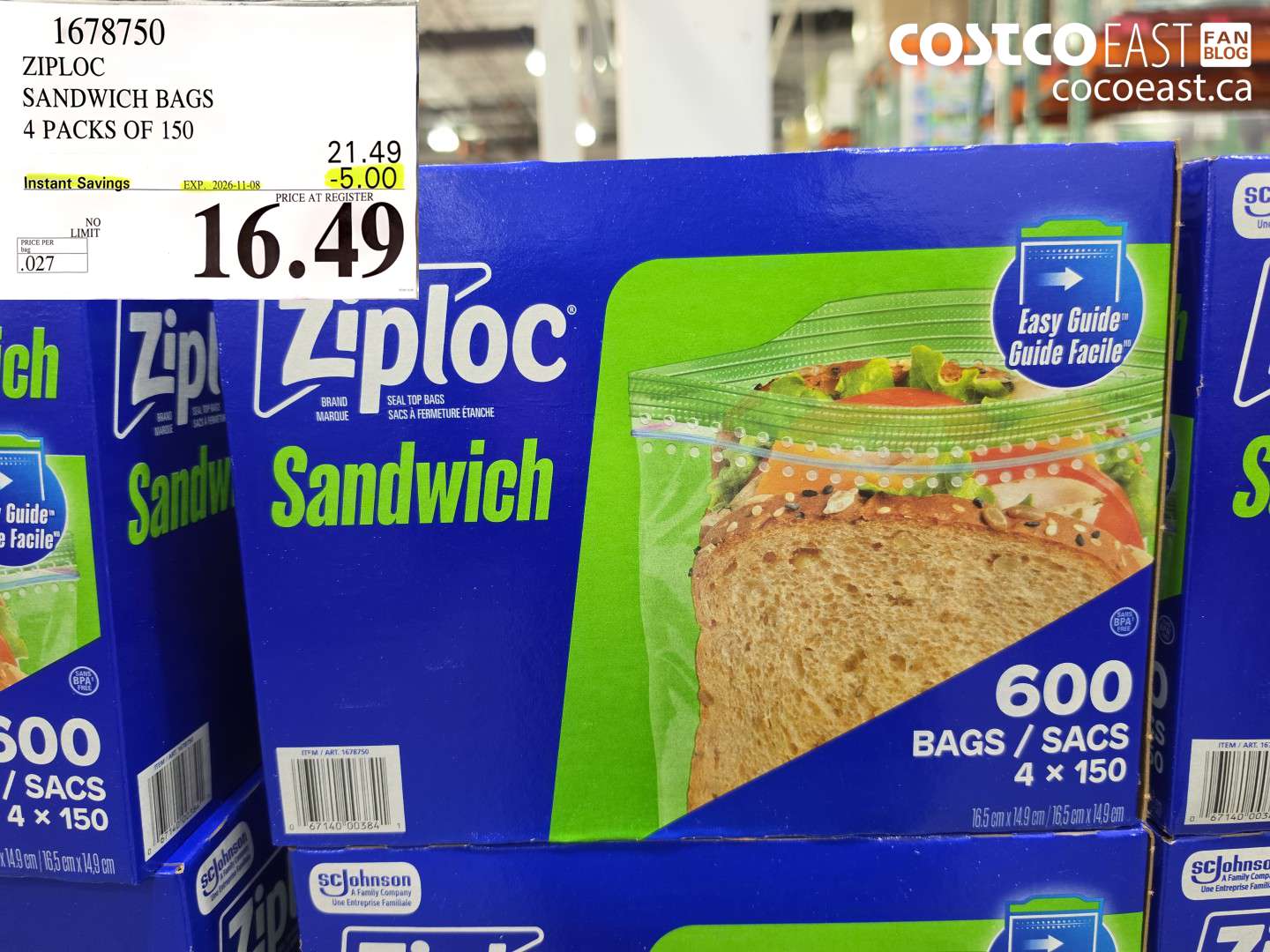 1678750 ZIPLOC SANDWICH BAGS 4 PACKS OF 150 ($5.00 INSTANT SAVINGS EXPIRES ON 2026-11-08) $16.49