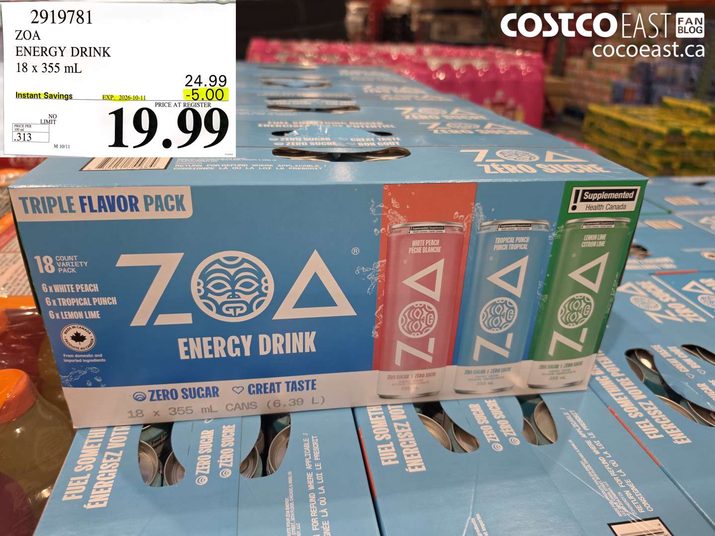 2919781 ZOA ENERGY DRINK 18 X 355 ML ($5.00 INSTANT SAVINGS EXPIRES ON 2026-10-11) $19.99