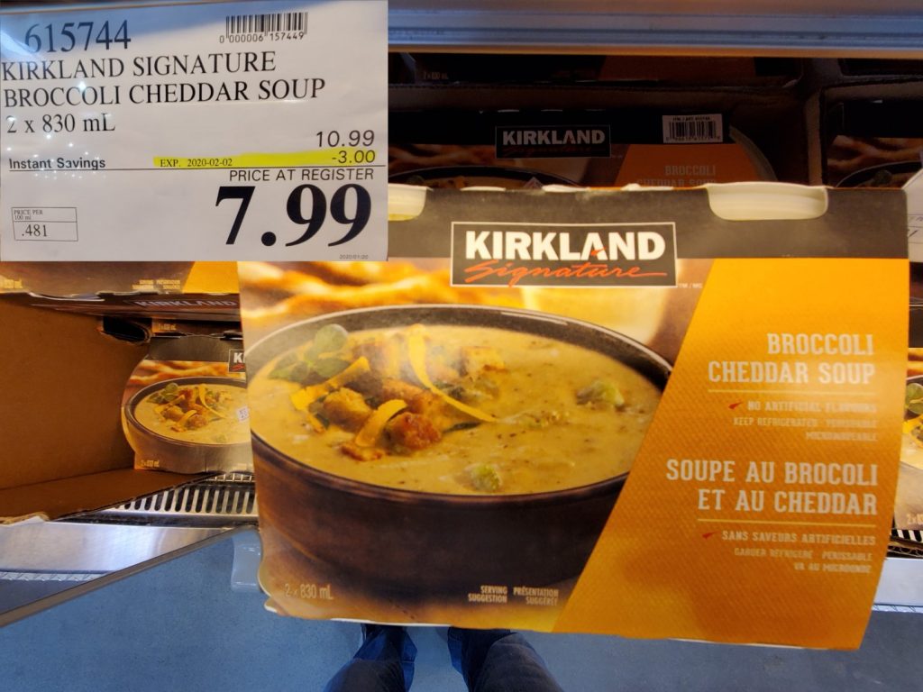 615744 KIRKLAND SIGNATURE BROCCOLI CHEDDAR SOUP 2 x 830 mL 3 00 INSTANT