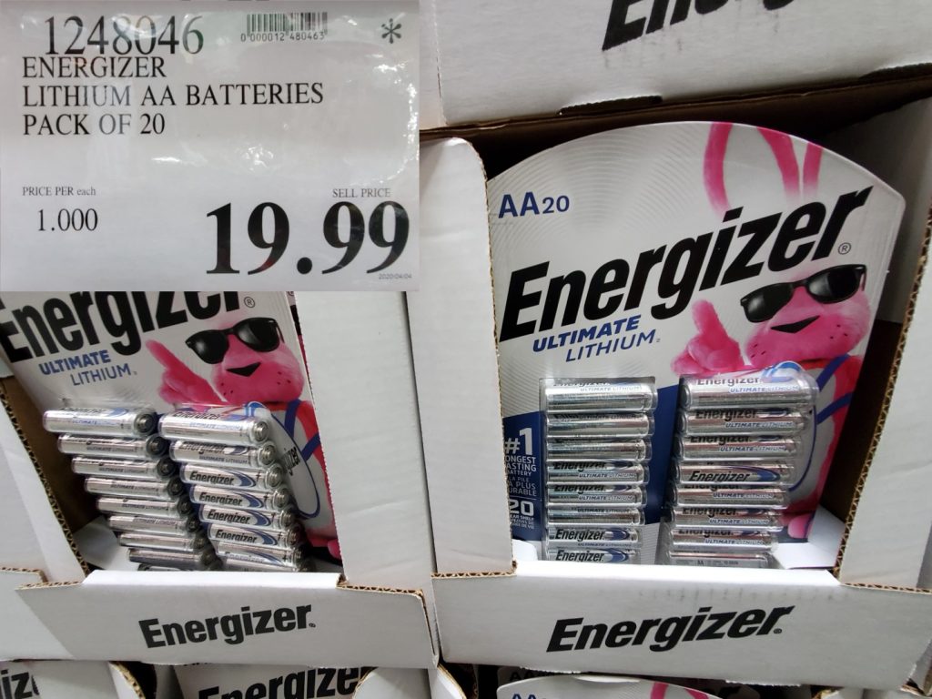 1248046 ENERGIZER LITHIUM AA BATTERIES PACK OF 20 19 99 Costco East