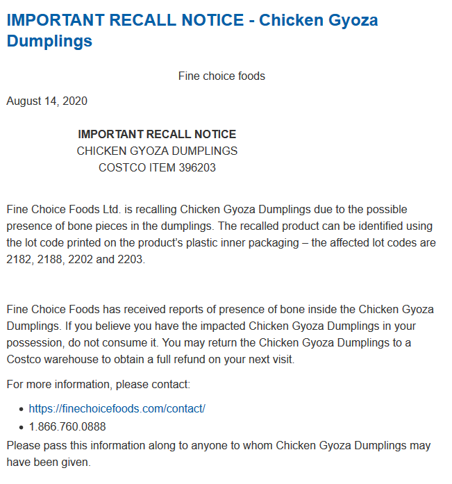 Costco chicken gyoza dumpling recall