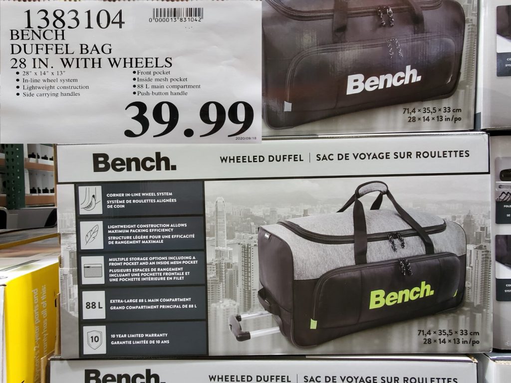1383104 BENCH DUFFEL BAG 28 IN WITH WHEELS 39 99 Costco East Fan Blog