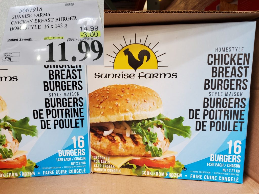 5667918 SUNRISE FARMS CHICKEN BREAST BURGER HOMESTYLE 16 X 142 G 3 00