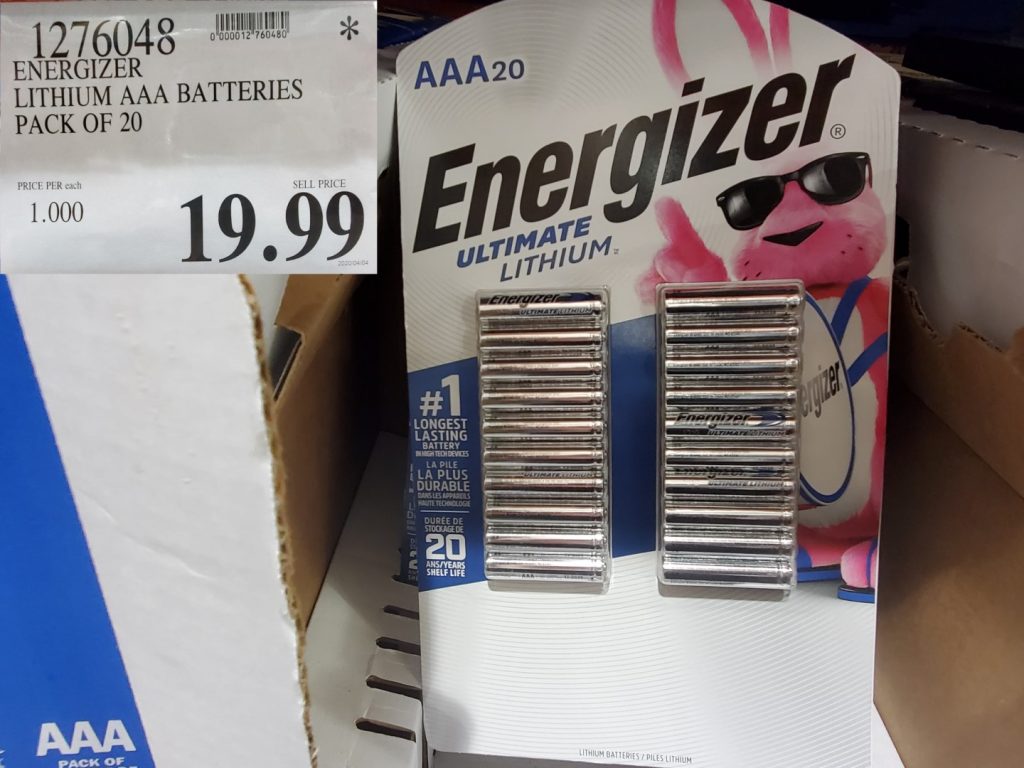 1276048 ENERGIZER LITHIUM AAA BATTERIES PACK OF 20 19 99 Costco East