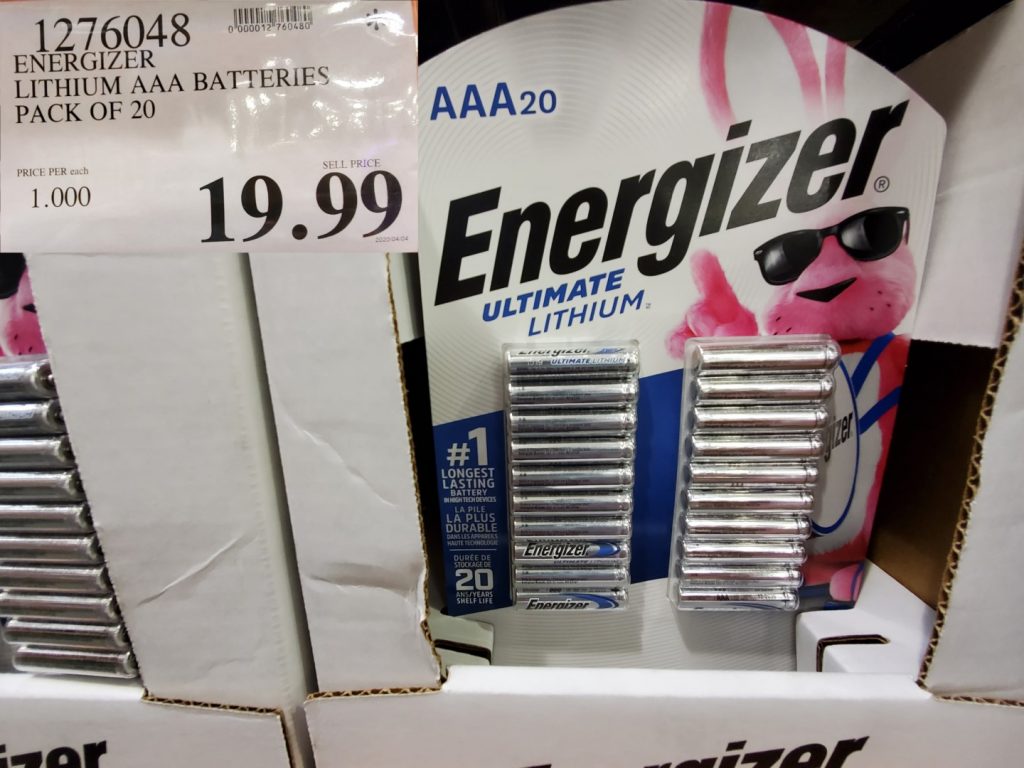 1276048 ENERGIZER LITHIUM AAA BATTERIES PACK OF 20 19 99 Costco East