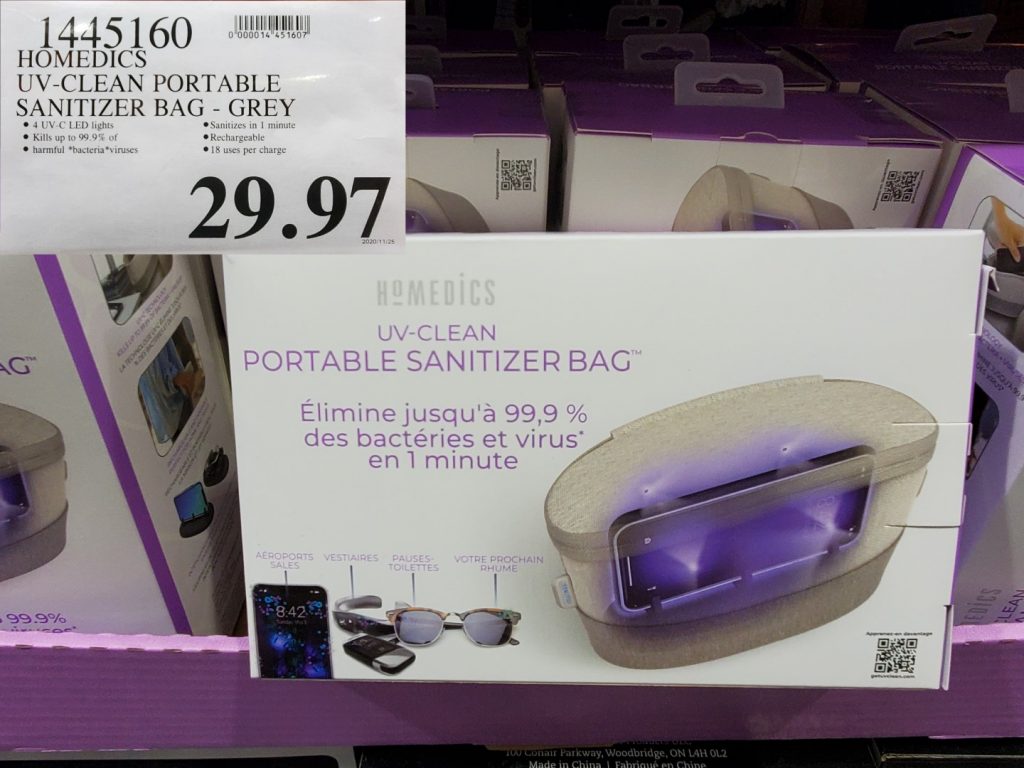 1445160 HOMEDICS UV CLEAN PORTABLE SANITIZER BAG GREY 29 97 Costco East Fan Blog